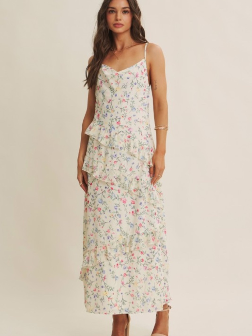 Floral Fantasy Asymmetrical Ruffled Maxi Dress